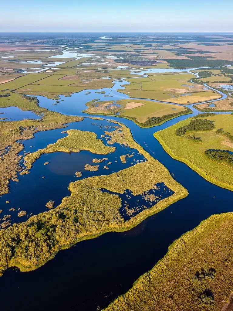 A wide aerial shot of the Vigueirat marshes, showcasing the diverse landscape and the scale of conservation efforts.