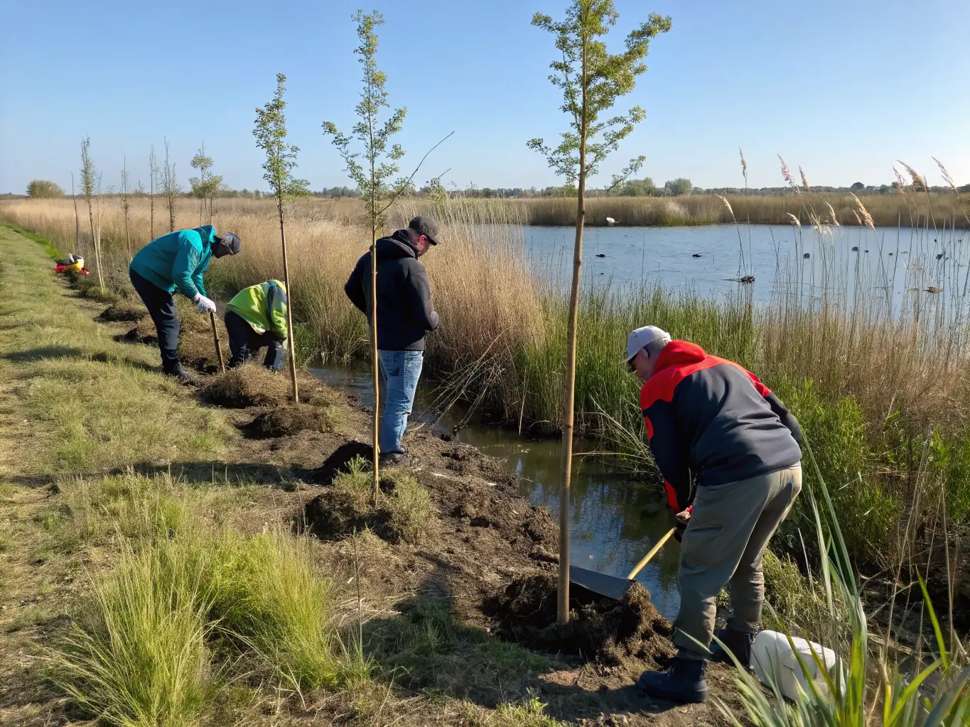 A vibrant image of wetland restoration in progress, showcasing volunteers planting native vegetation in the Vigueirat marshes.
