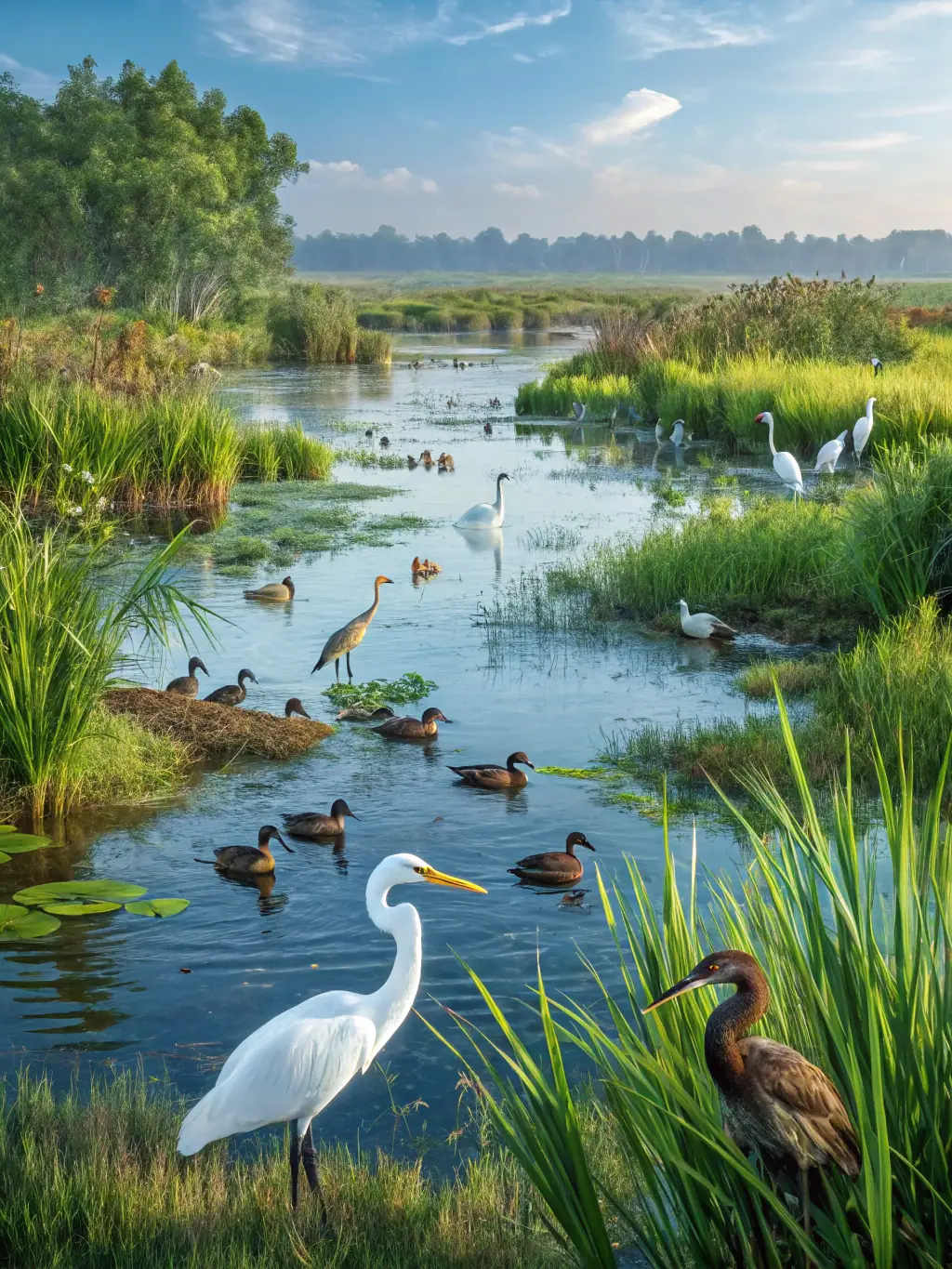 A vibrant image of the Vigueirat marshes, showcasing diverse bird species in their natural habitat, with clear blue skies and lush vegetation.
