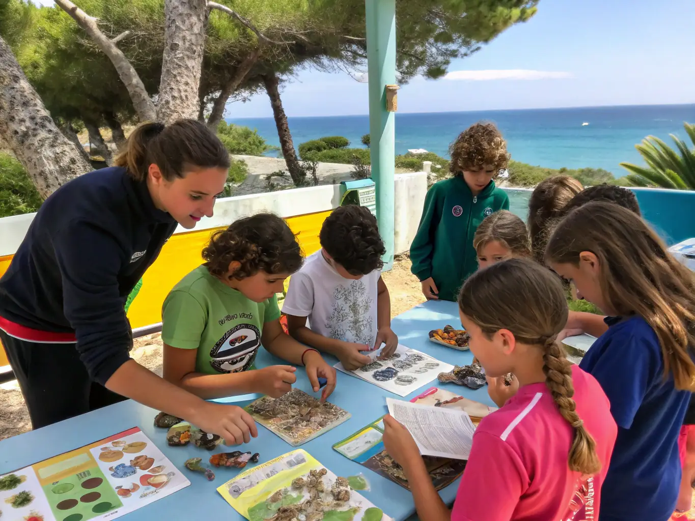 A photograph of children participating in an outdoor environmental education workshop, learning about wetland ecosystems.