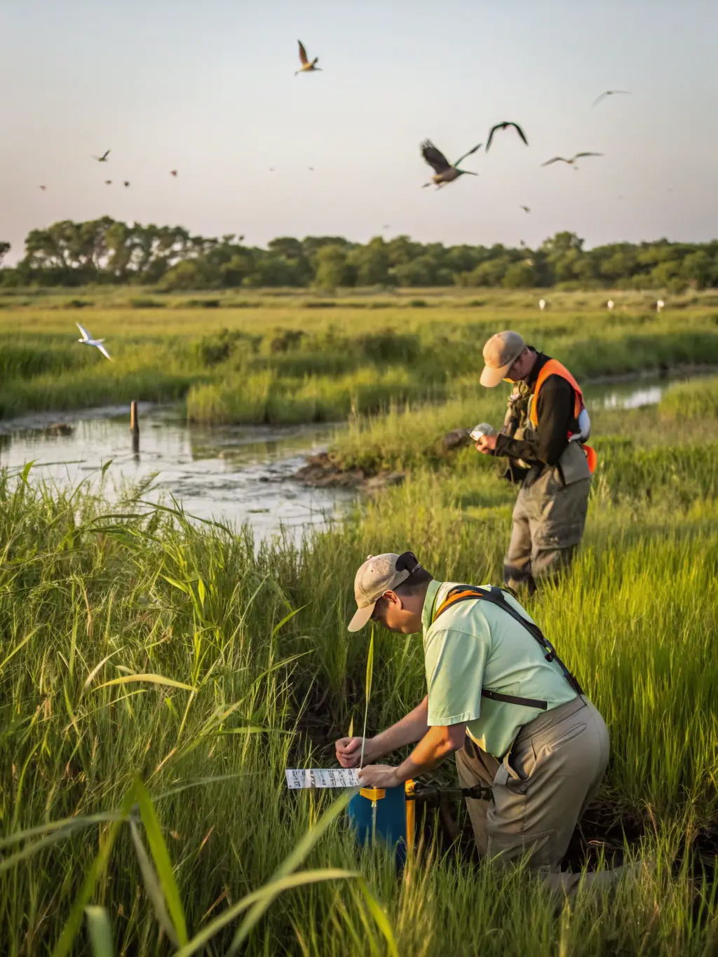 Researchers collecting water and soil samples in the marsh, with scientific equipment and data sheets, representing Research & Monitoring Initiatives.