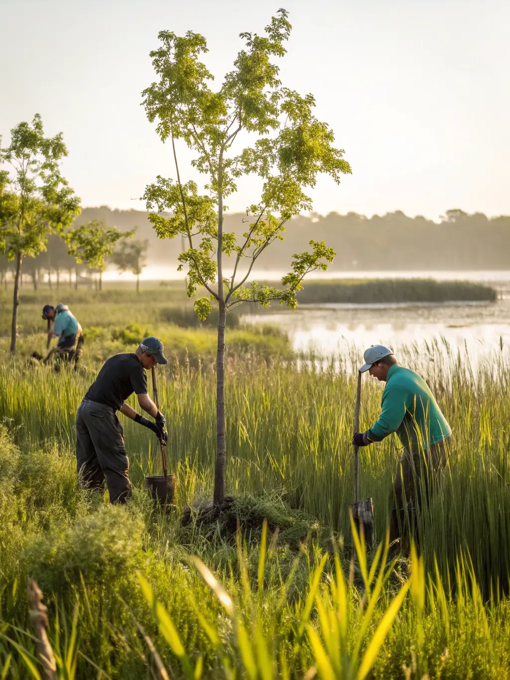 A team of conservationists planting native vegetation in the marshes, with lush greenery and water in the background, representing the Habitat Restoration Programs.
